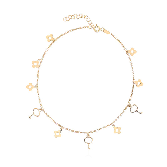 Schlüssel und Blumenfigur Fußkettchen / Armband 14k Gold ~ 2,36gr